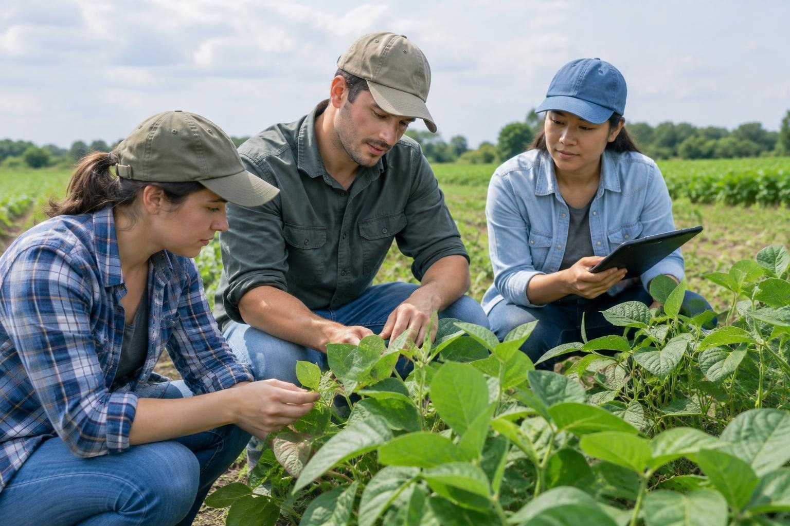 Three people crouch among leafy crops in a field, examining plants while one holds a tablet.