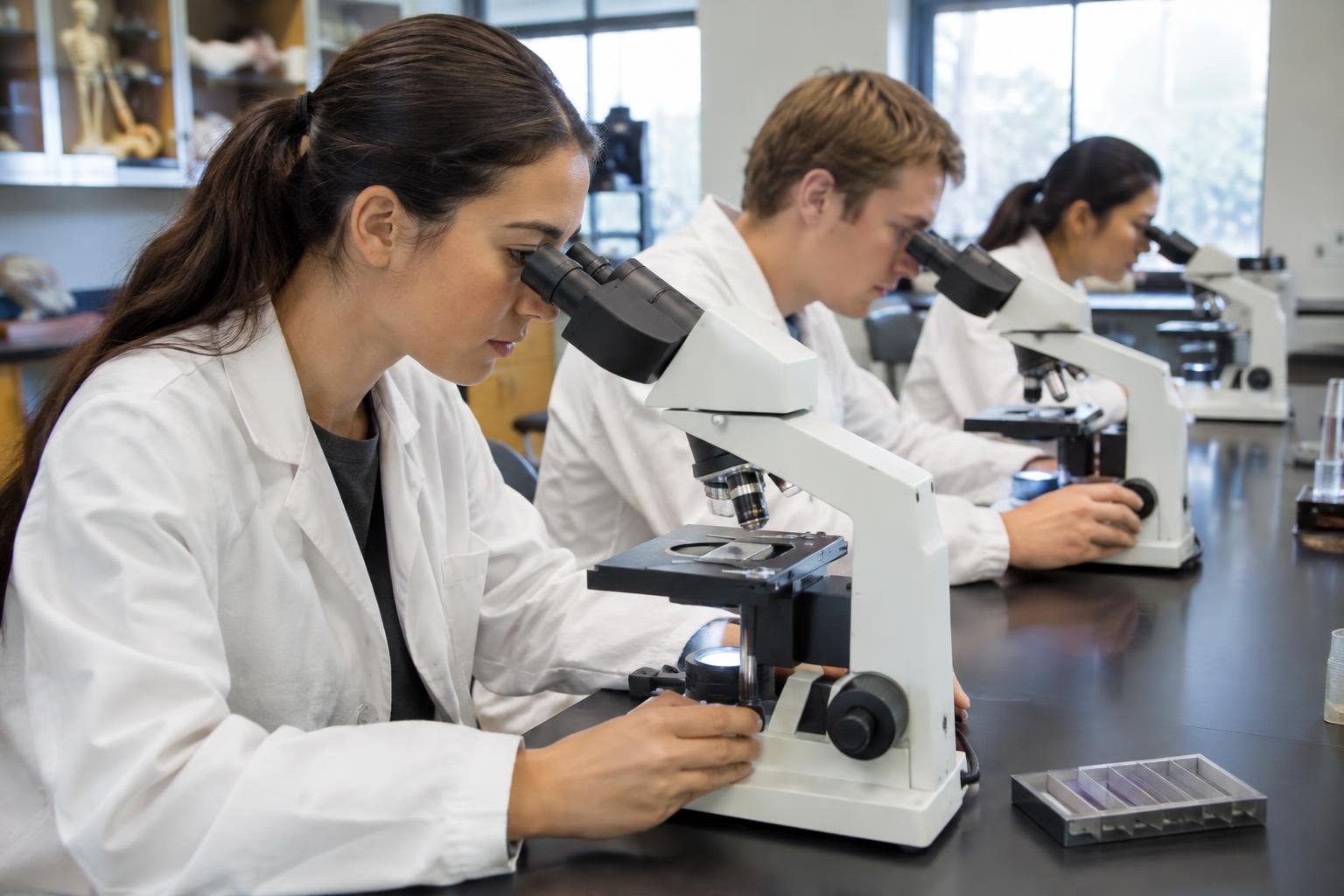 Three people in white lab coats look through microscopes at a laboratory bench, with windows and shelving behind them.