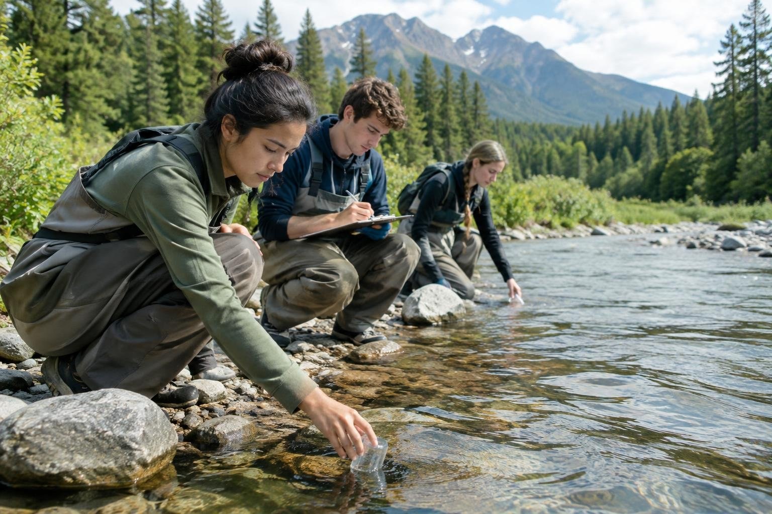 Three backpacked people crouch beside a clear, rocky stream in a forested mountain setting; one dips a container into the water, another writes on a clipboard, and the third reaches toward the stream.