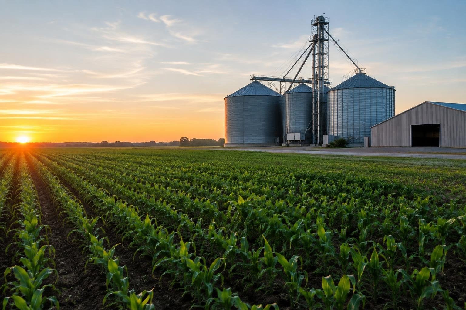 Rows of young green crops stretch across a field toward several metal grain silos and a farm building beneath a sunset sky.