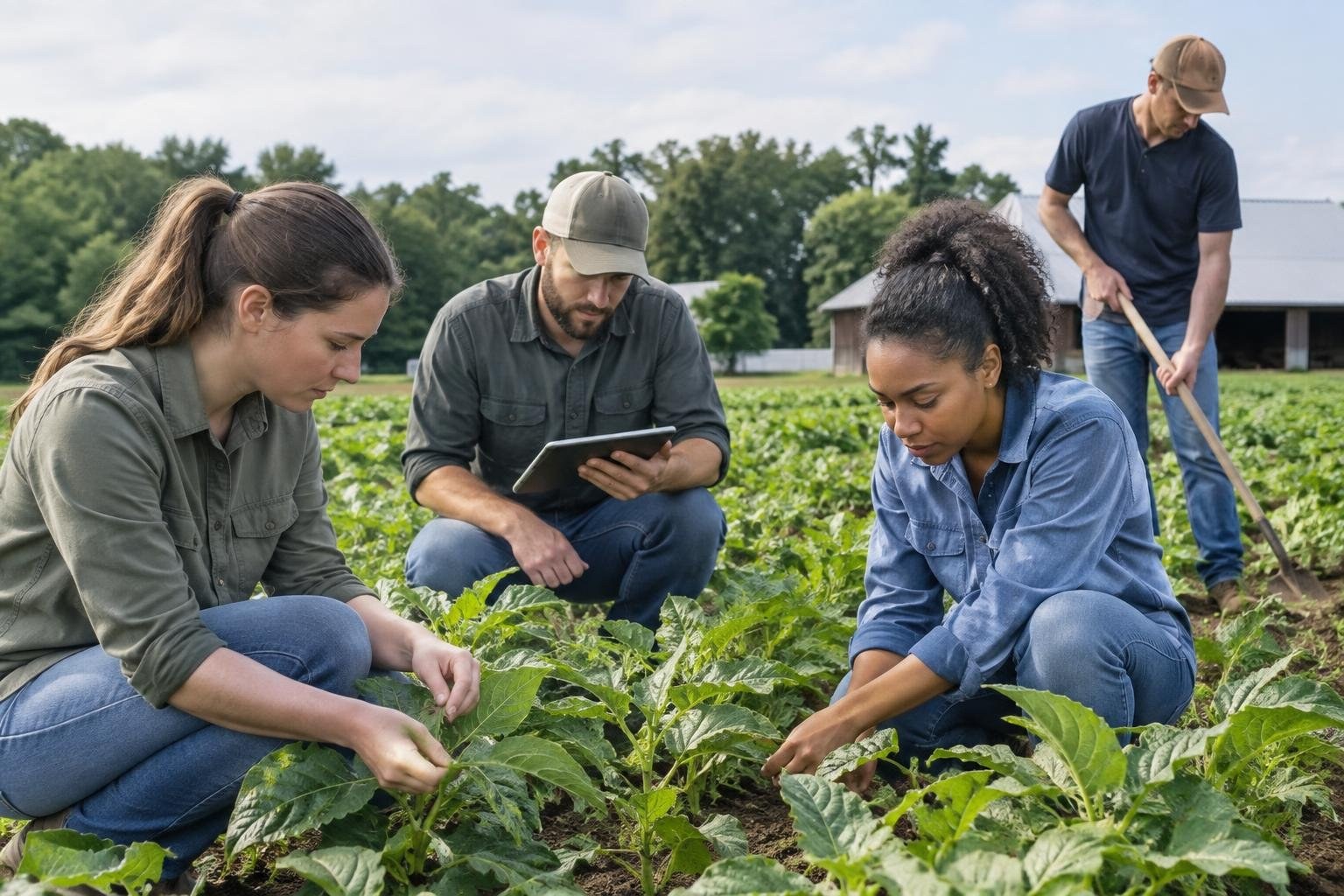 Three people crouch among rows of leafy crops, examining plants while a fourth person stands behind them holding a garden hoe; trees and a farm building are visible in the background.