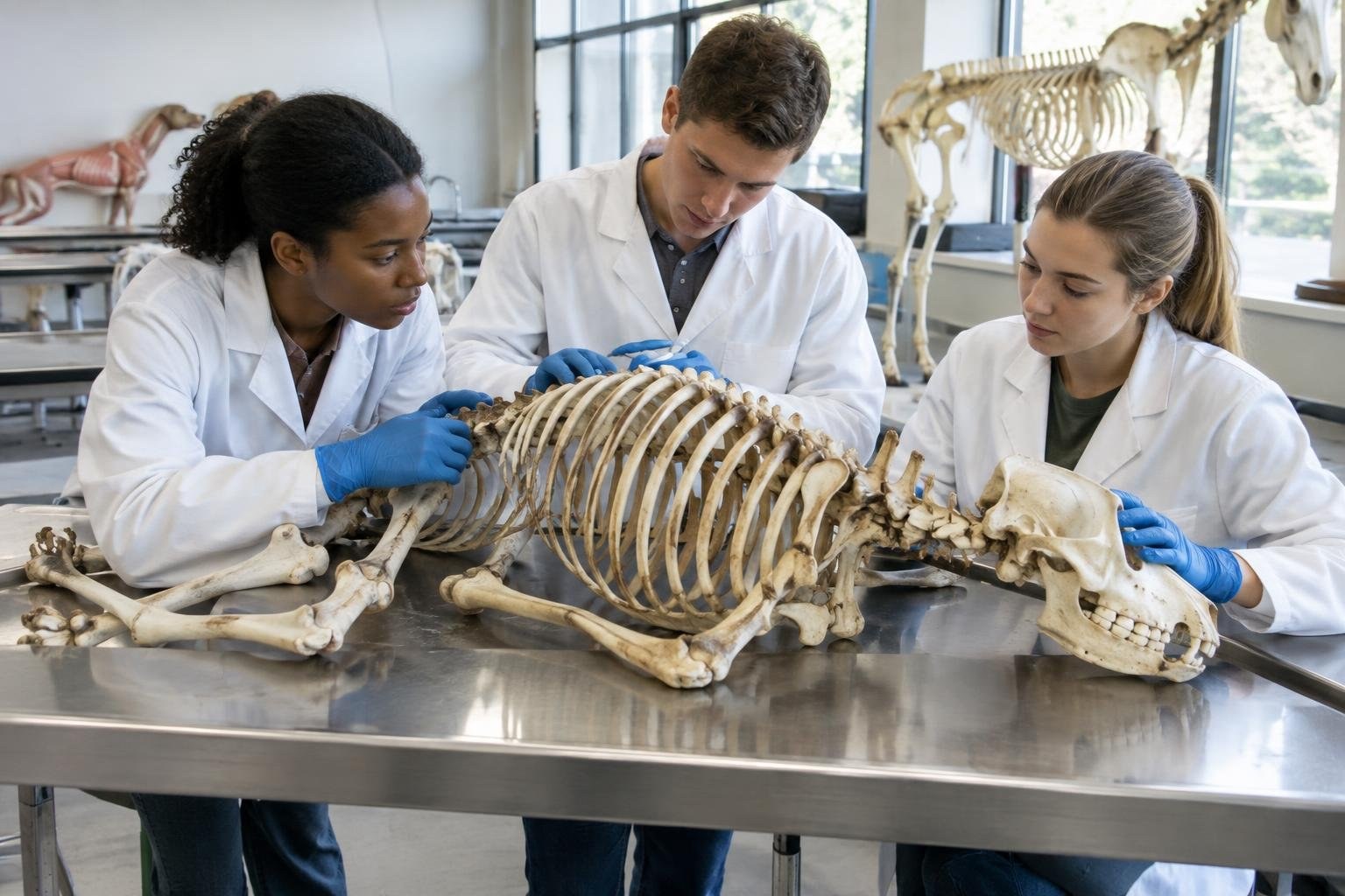 Three people in white coats and blue gloves examine a large animal skeleton on a metal table in a bright laboratory with other skeletons in the background.
