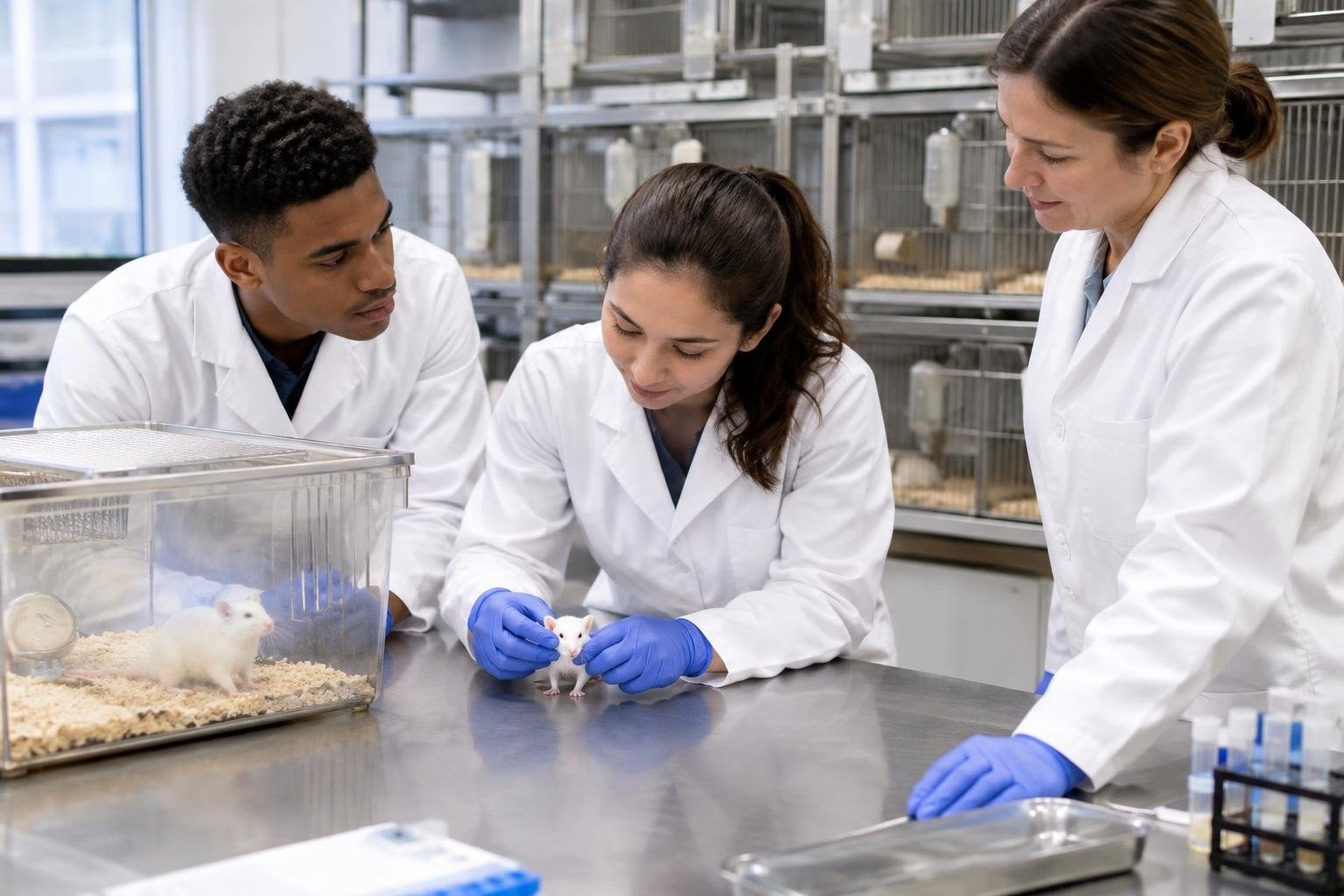Three people in white lab coats examine a small white mouse on a metal worktable; another mouse is in a clear enclosure, with rows of cages behind them.