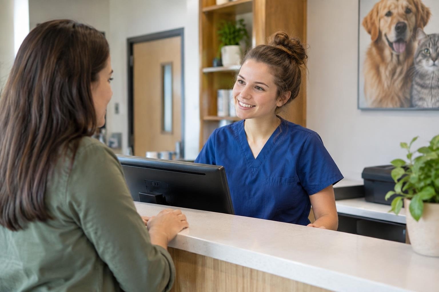 A smiling woman in blue scrubs speaks with a visitor across a reception counter, with a computer monitor and a picture of a dog and cat nearby.