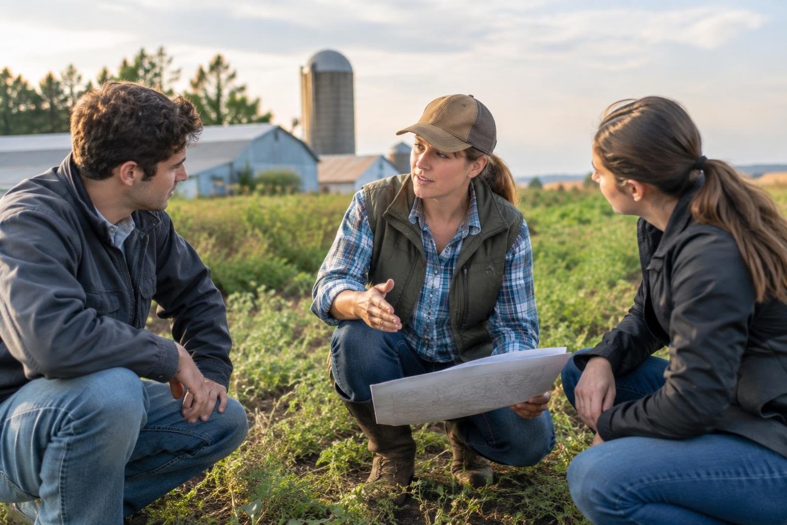 Three adults crouch in a field, talking as the woman in a cap gestures over a large sheet of paper; farm buildings and a silo stand in the background.