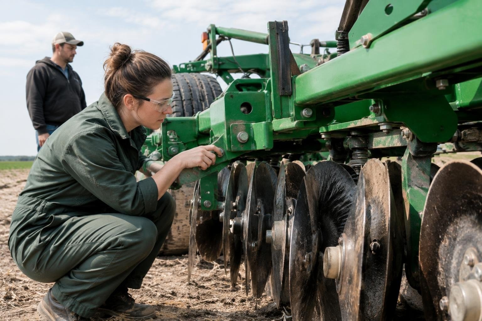 A woman wearing coveralls and safety glasses crouches beside a large green farm implement, inspecting a metal fitting while a man stands behind her in a field.