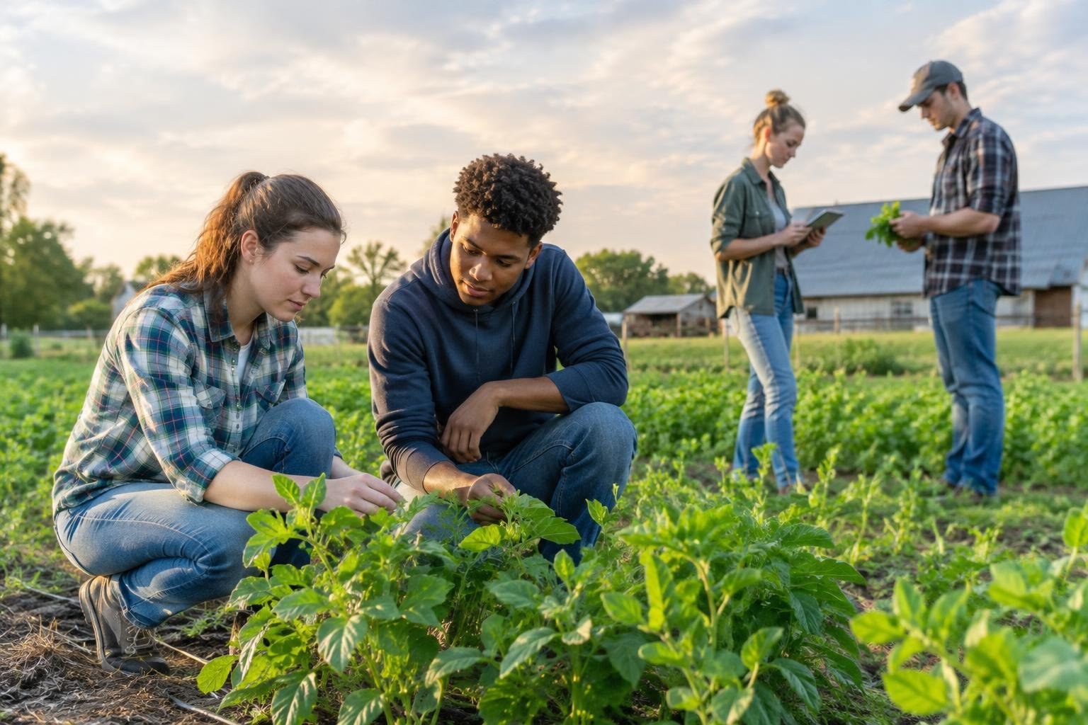 Four people tend a leafy crop in a field: two crouch among the plants while two stand nearby, one holding a tablet and the other a small plant, with farm buildings behind them.