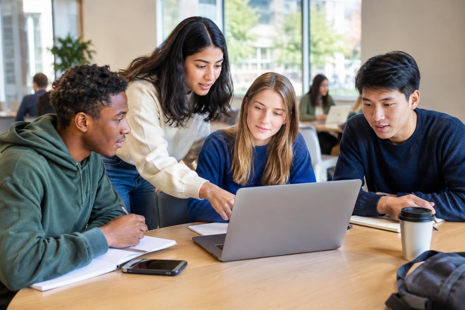Four young adults gather around a laptop at a table in a bright study space; one points toward the screen while the others look on.