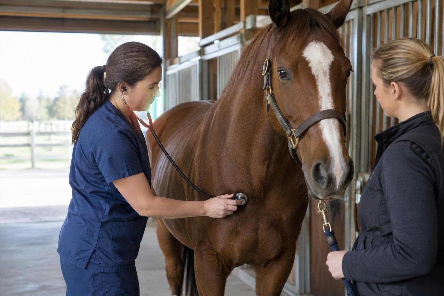 A woman in blue scrubs listens to a chestnut horse with a stethoscope while another woman holds its lead in a stable.