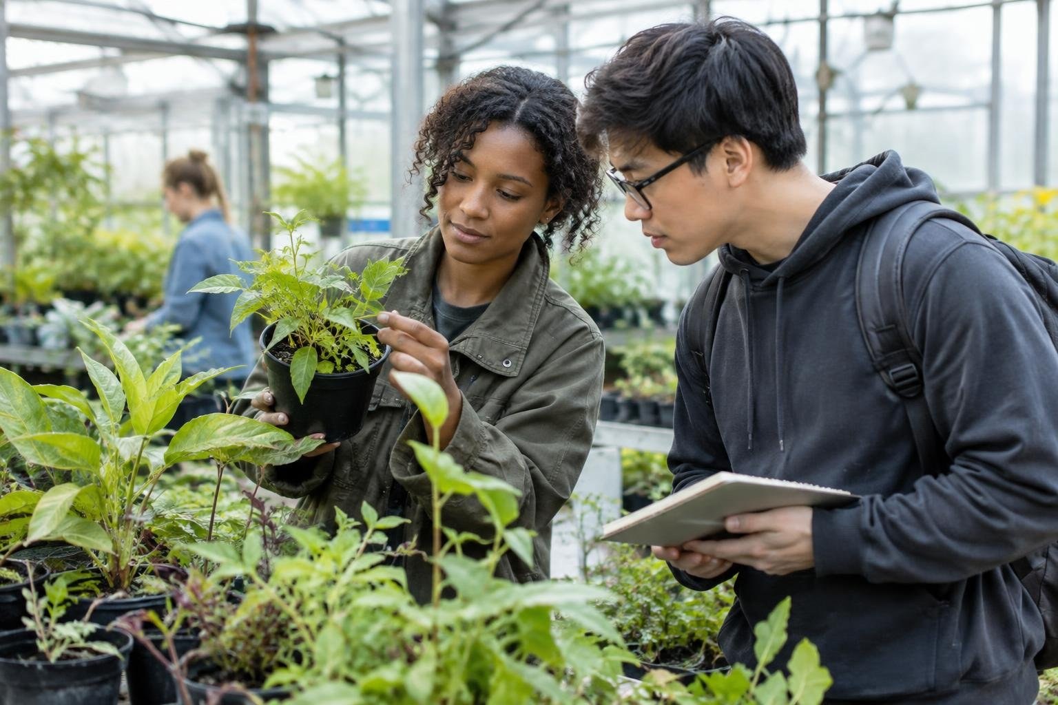 In a greenhouse, a woman holds a potted plant and points to its leaves while a man with glasses leans in holding a tablet; rows of plants fill the background.