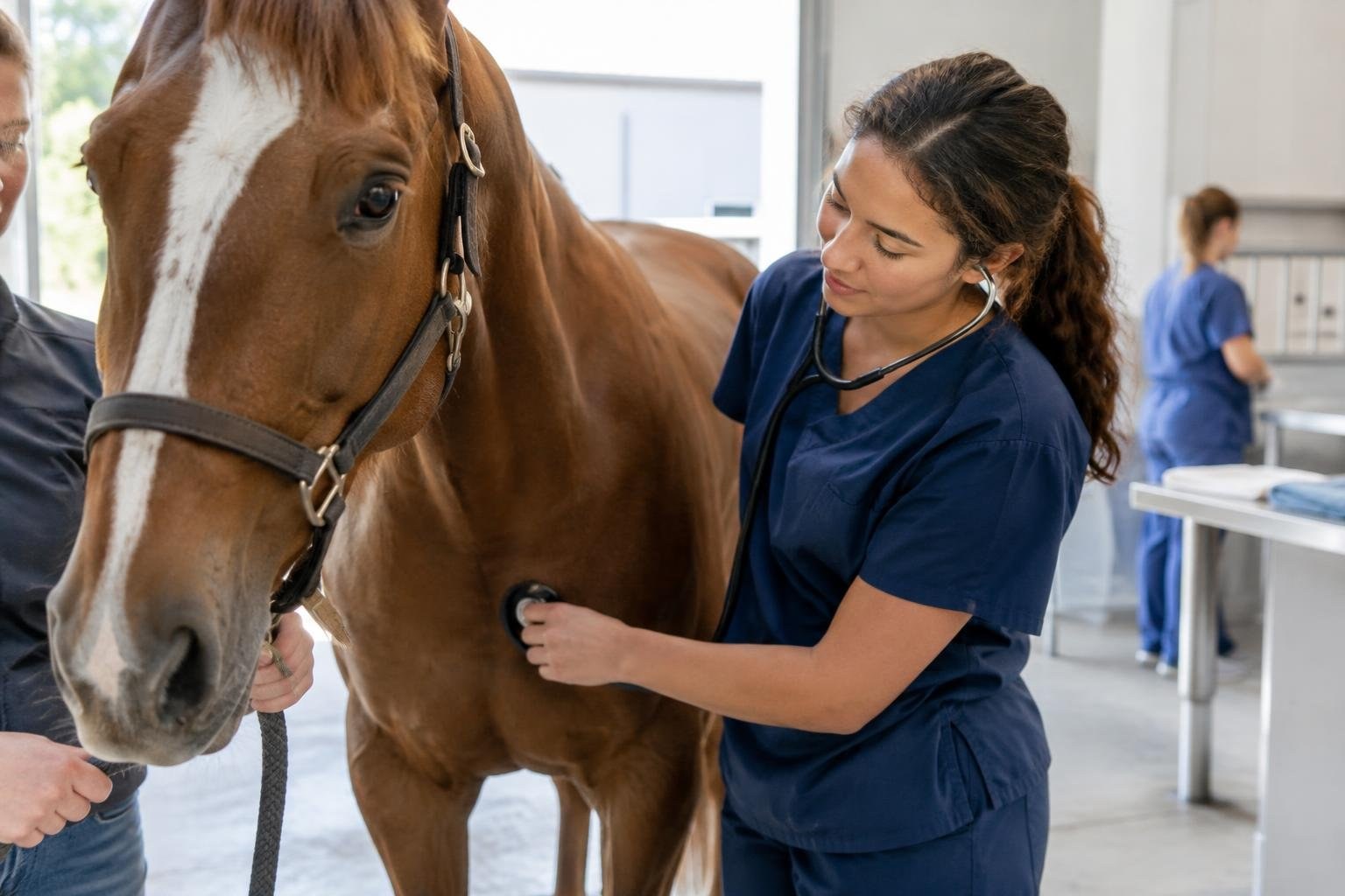 A woman in navy scrubs listens to a brown horse with a white blaze using a stethoscope in a bright indoor room, while another person holds the horse’s lead.