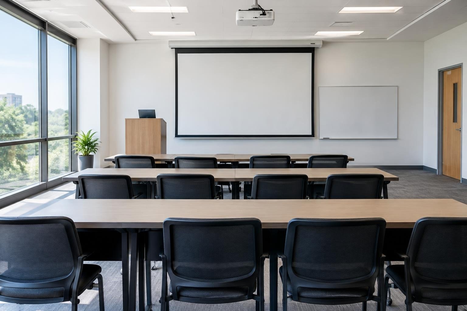 An empty classroom with rows of tables and chairs facing a blank projection screen, a lectern, whiteboard, and large windows.