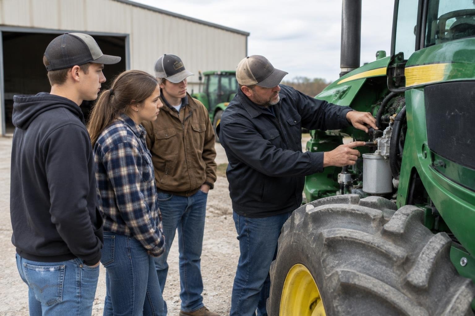 A man points out components on a green tractor to three young adults watching in a farmyard beside a large shed.