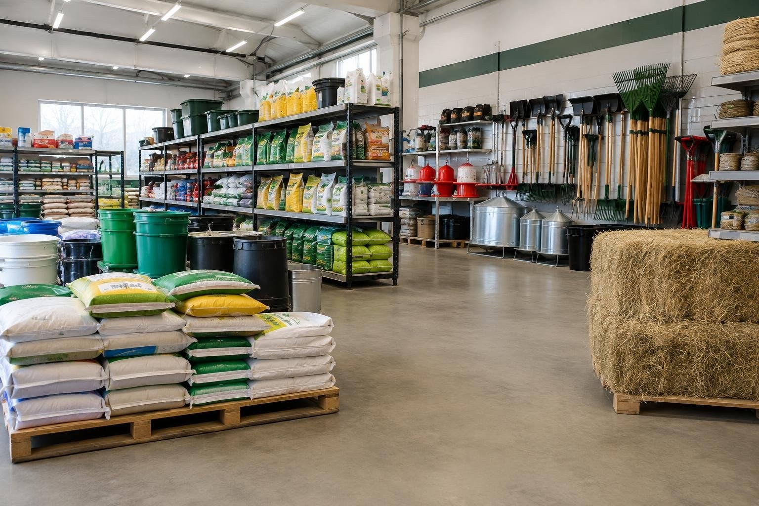 Student exploring the connection between agricultural products and business careers A well-stocked garden supply store displays bags of soil and fertilizer, plastic tubs, metal containers, hand tools, rakes, and stacked hay bales.