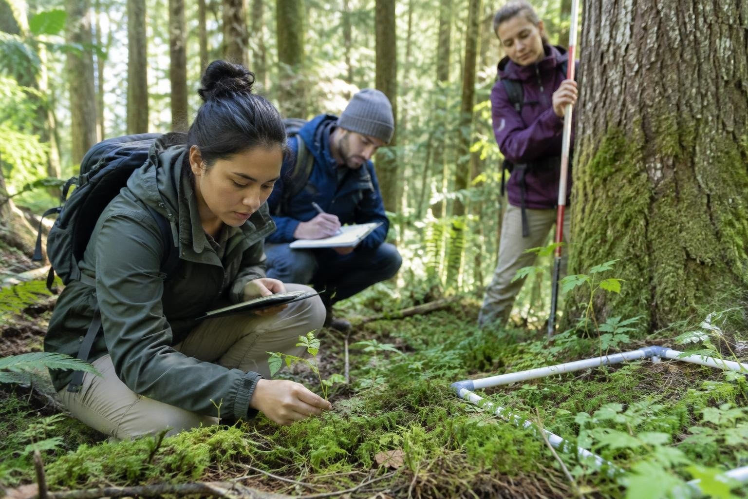 Three people in a forest examine the ground; one crouches beside a small plant, another writes on a clipboard, and a third stands by a large tree holding a measuring pole.