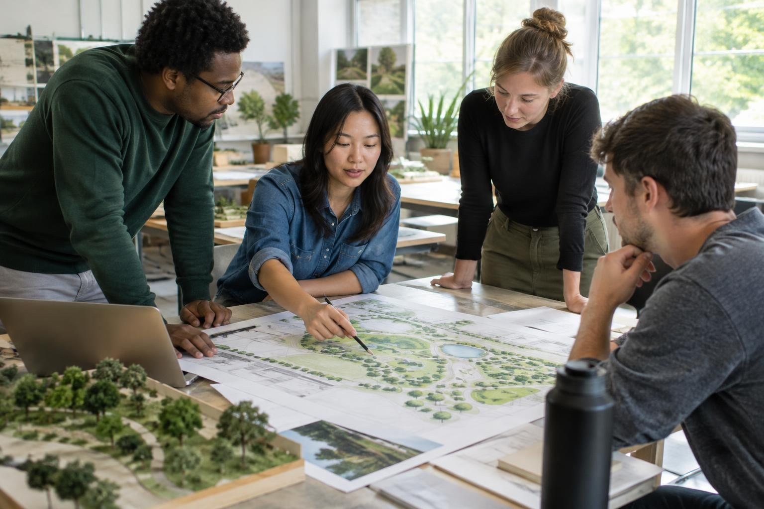 Students discussing a landscape design plan Four people gather around a table in a bright studio, discussing a large landscape plan as one person points to it with a pencil; a laptop and scale model sit nearby.