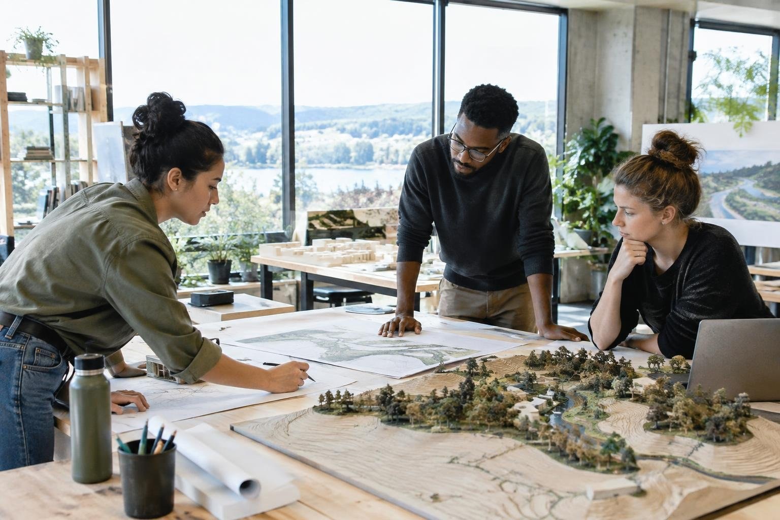 Collaborative environmental design studio with plans, a physical model, and landscape context Three people lean over maps and a detailed landscape model on a studio table, with large windows and shelves in the background.