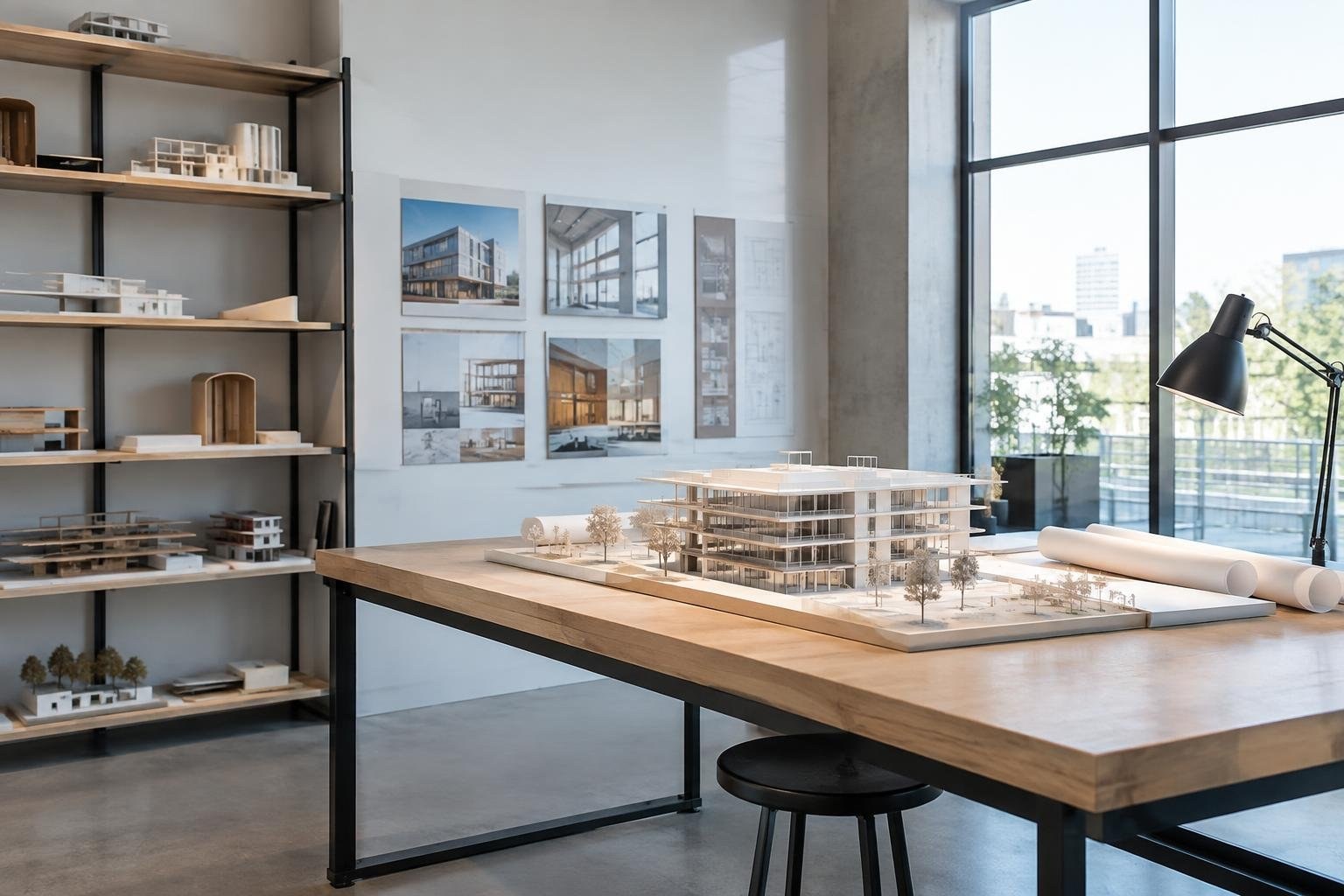 Architecture student comparing a construction drawing with a digital building model An architectural studio displays a detailed scale model of a modern multi-story building on a large wooden table, with smaller models on shelves, framed building images on the wall, and tall windows beside a desk lamp.
