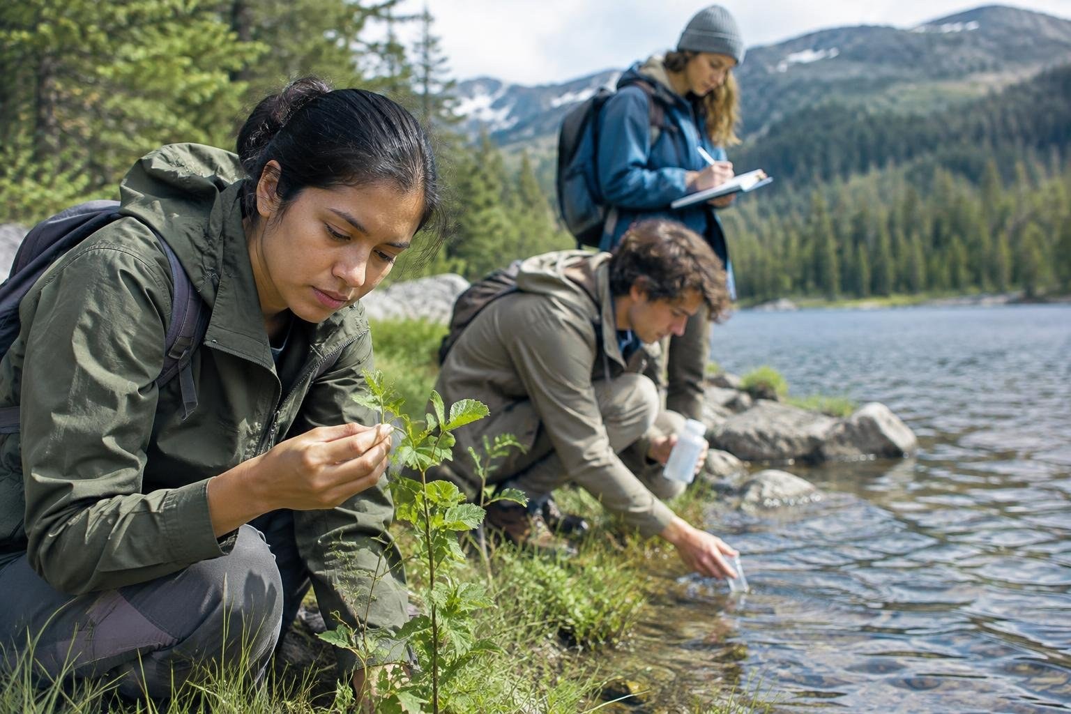 Environmental studies students conducting field observations Three hikers examine plants and collect water samples beside a mountain lake, with forested, snow-dusted slopes behind them.