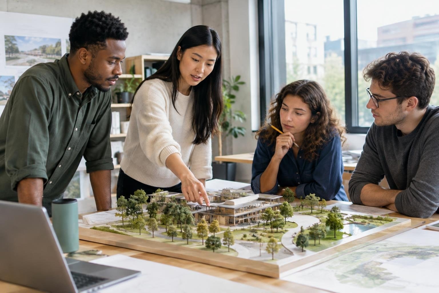 Four colleagues gather around a detailed architectural model on a table; one points at the model while the others study it in a bright office.
