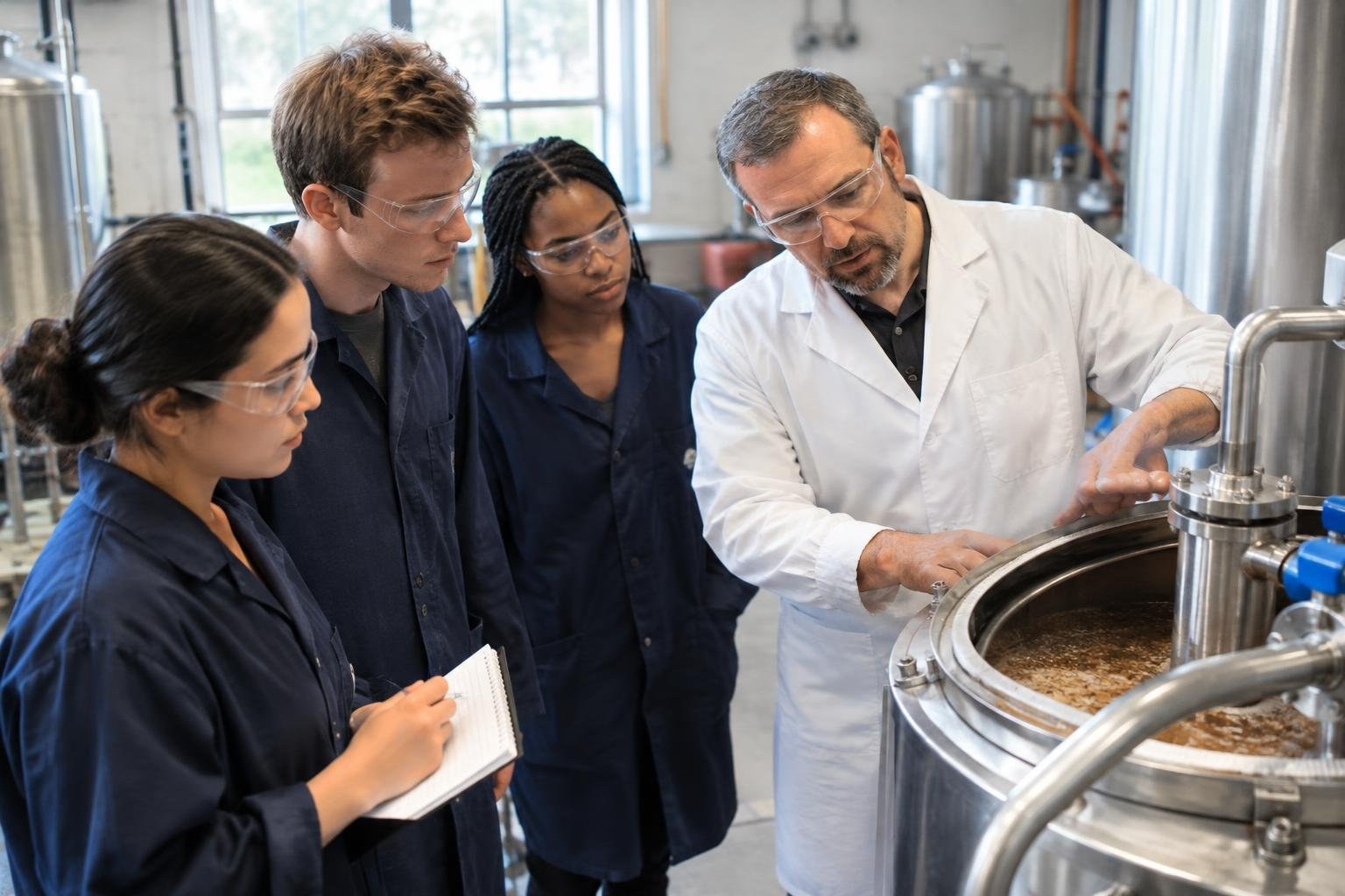 A man in a white coat points into an open stainless-steel vat as three people in dark work coats and safety glasses watch in an industrial workspace; one holds a notebook.