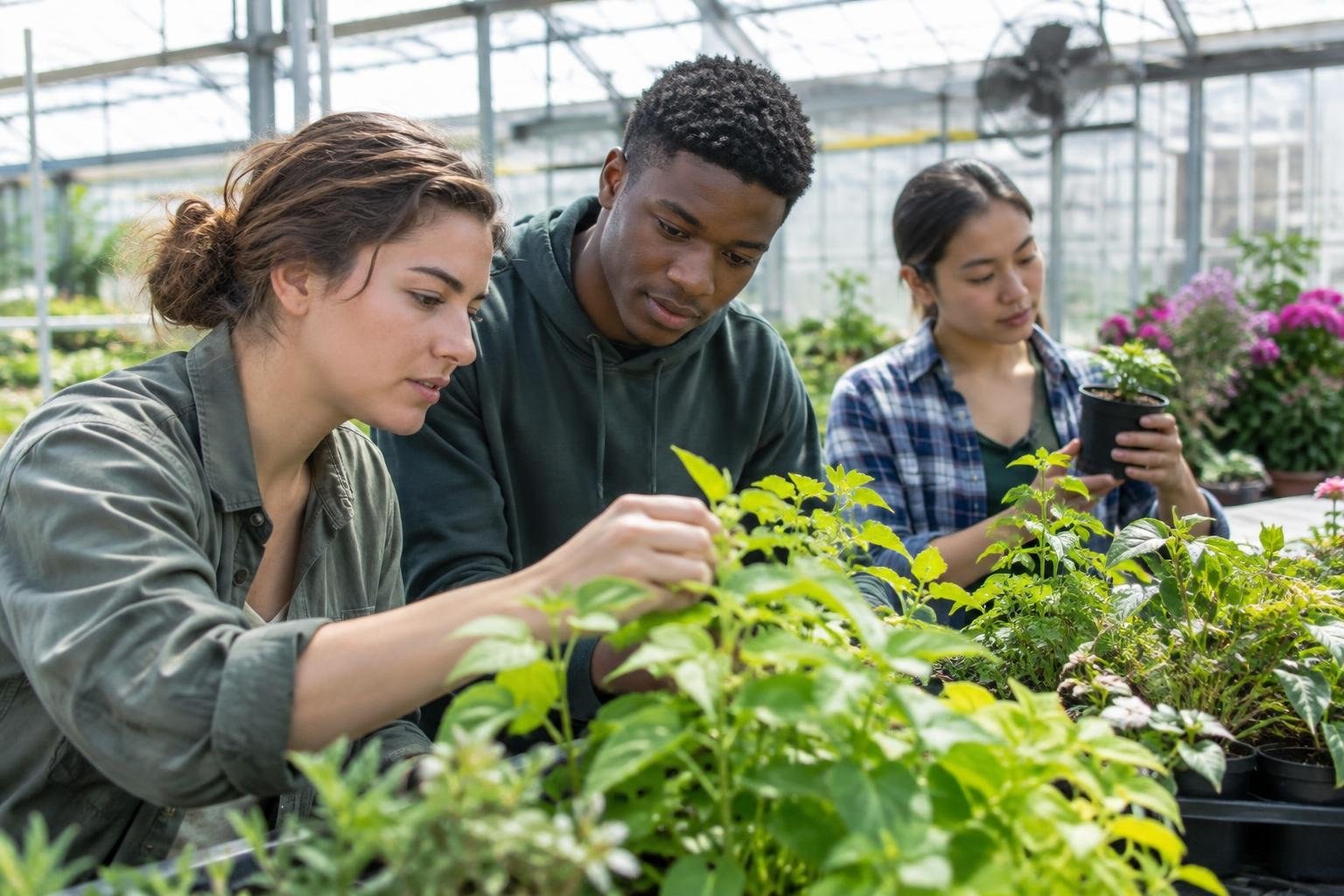 Students examining plants in a greenhouse setting Three young adults examine leafy seedlings in a greenhouse; one reaches toward the plants while another holds a small potted plant.