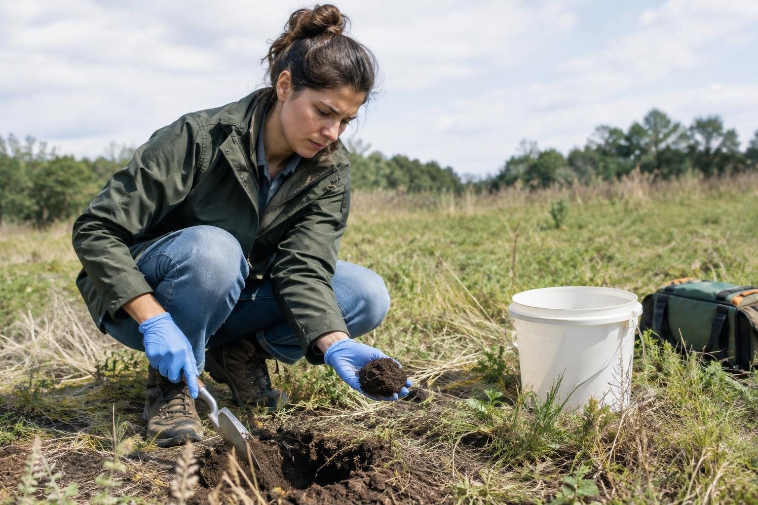 Field soil sampling A woman wearing blue gloves crouches in a grassy field, digging with a small shovel and examining a clump of soil beside a white bucket and backpack.