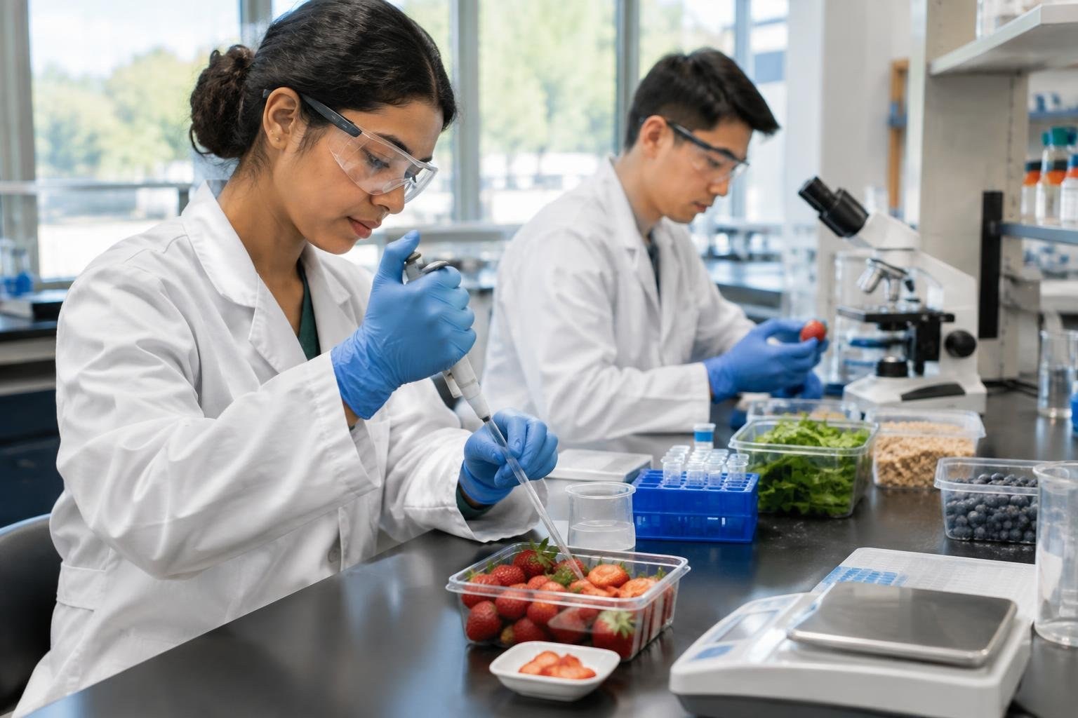 Food science students using lab equipment to test food samples Two lab workers in white coats and safety glasses handle fruit samples at a laboratory bench, using a pipette and examining a sample beside a microscope.