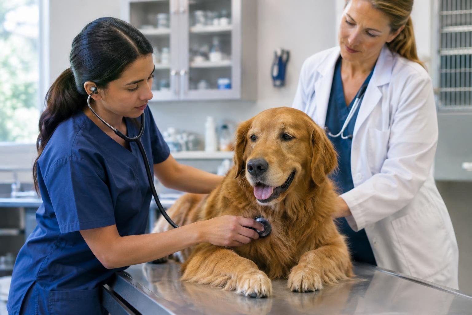 A woman in blue scrubs listens to a golden retriever’s chest with a stethoscope while another woman in a white coat stands beside them in a clinic exam room.