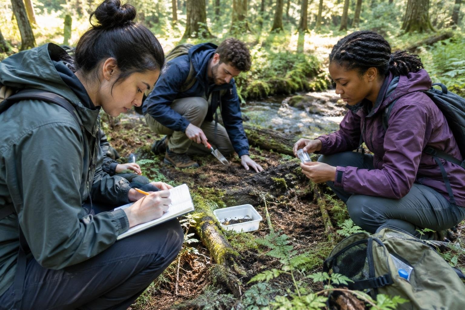 Three hikers crouch beside a forest stream, writing in a notebook, examining a small container, and digging among the moss and leaf litter.