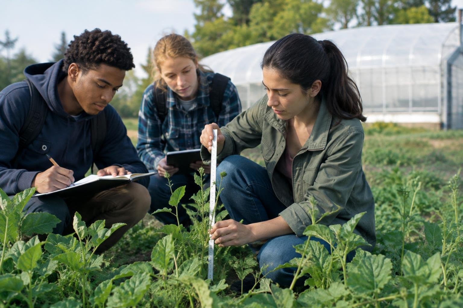 Three people crouch among rows of leafy plants; one measures a plant with a ruler while another writes in a notebook and the third watches, with a greenhouse in the background.