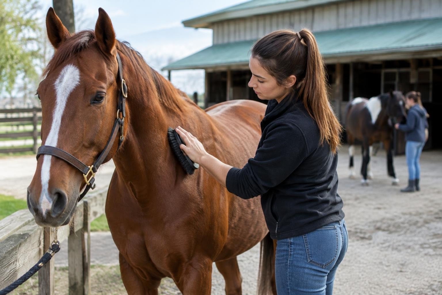 A woman brushes a chestnut horse beside a fenced stable yard, while another person tends to a dark horse in the background.