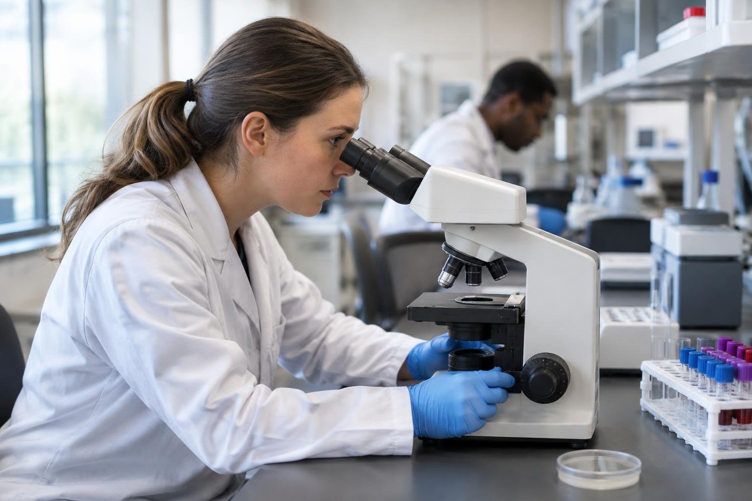 Veterinary infectious disease laboratory learning A woman in a lab coat and blue gloves looks through a microscope in a laboratory, with another lab worker and racks of sample tubes in the background.