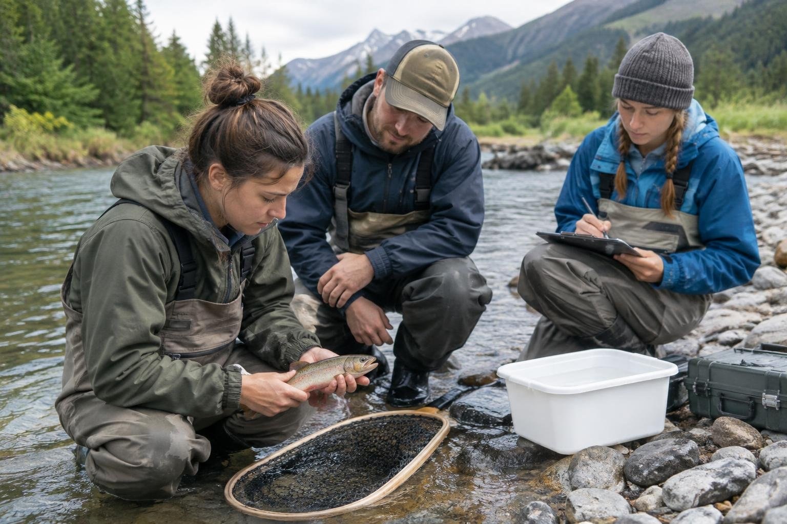 College students conducting supervised wildlife or fisheries fieldwork Three people crouch beside a rocky mountain stream; one holds a fish, another watches, and a third writes on a clipboard, with a landing net and white tub nearby.