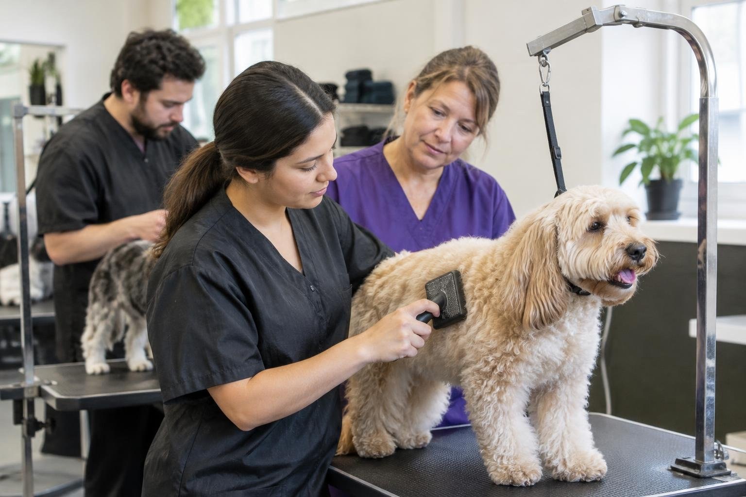 A woman in dark scrubs brushes a fluffy tan dog standing on a grooming table while another woman watches and a man works with a second dog in the background.