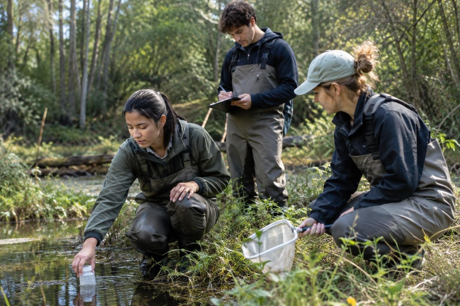 Students conducting supervised fieldwork in a forest, wetland, or conservation area Three people in waders work beside a forest stream; one collects water in a bottle, another holds a net, and the third writes on a clipboard.