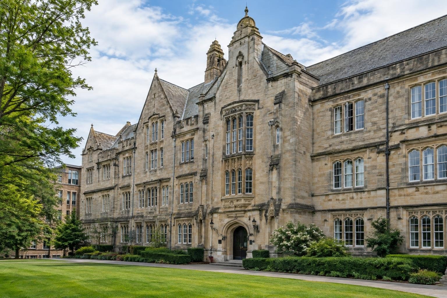 A large stone building with pointed gables, towers, and tall windows stands behind a lawn and trimmed hedges, with leafy trees at the left under a partly cloudy sky.