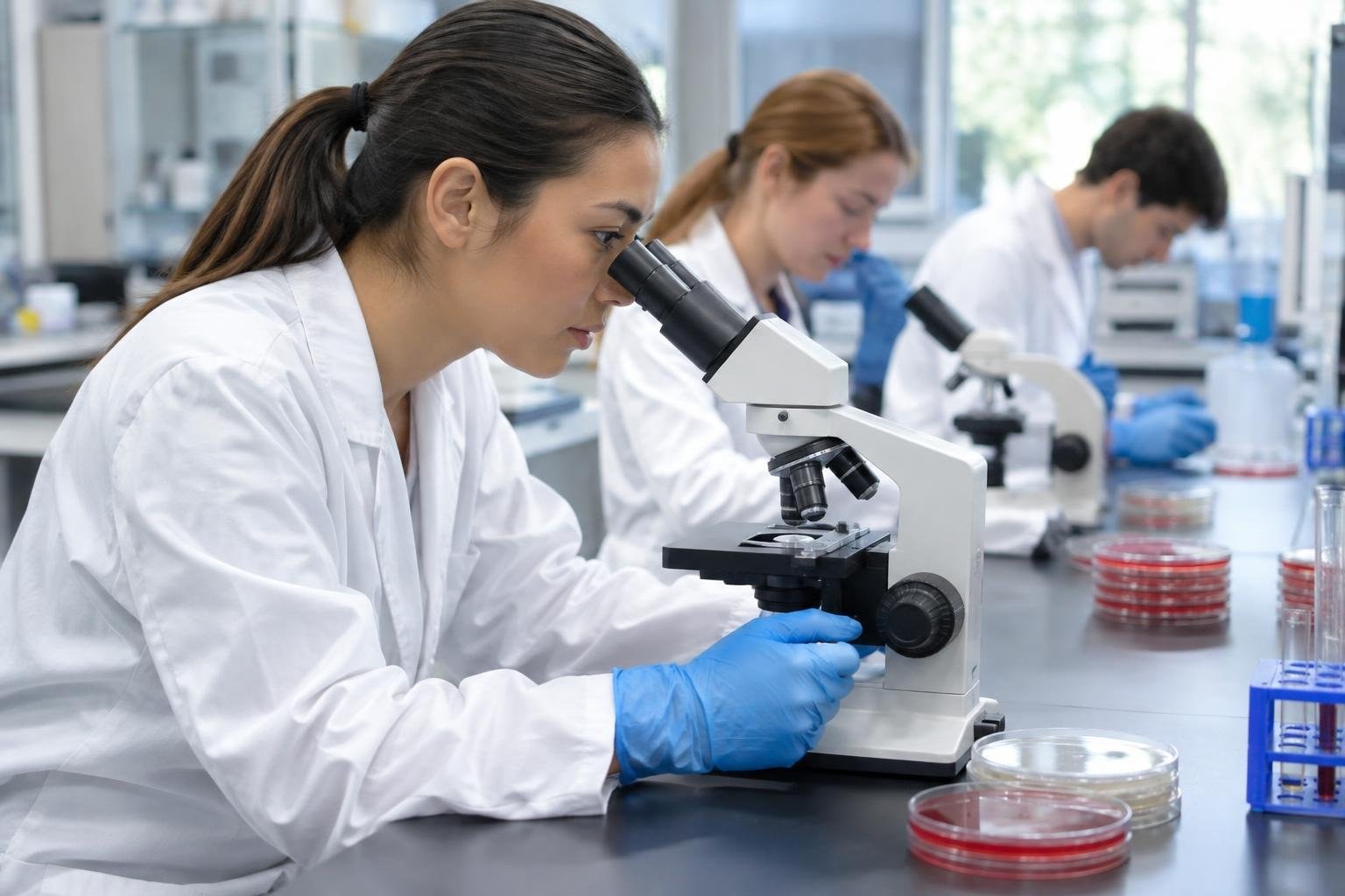 Veterinary microbiology students using lab equipment A woman in a lab coat and blue gloves looks through a microscope at a laboratory bench, while two colleagues work at microscopes behind her.