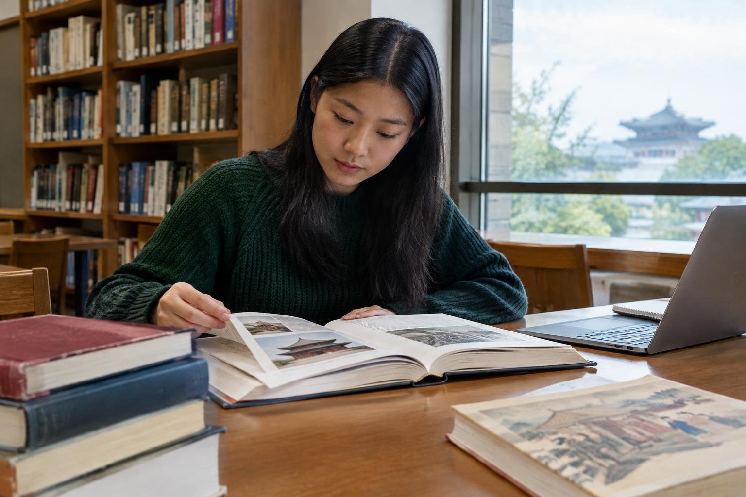 A woman in a library studies an open illustrated book at a table, with stacked books and a laptop nearby and a building visible through the window.