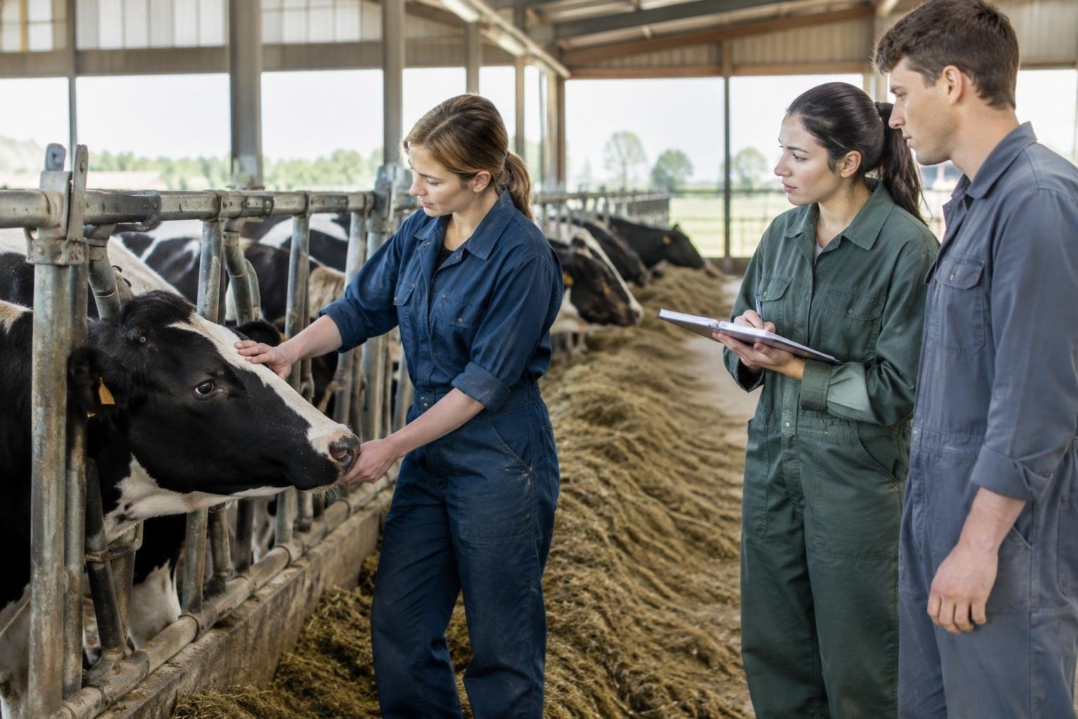 Dairy science students and dairy production education A woman in blue coveralls examines a cow in a barn while two colleagues watch, one holding a clipboard.