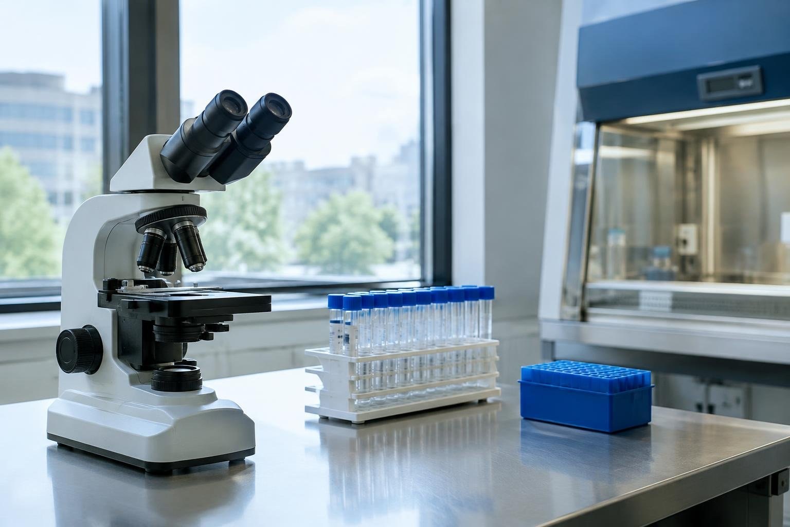 A microscope and racks of clear sample tubes with blue caps sit on a reflective laboratory bench beside a window and glass-fronted cabinet.