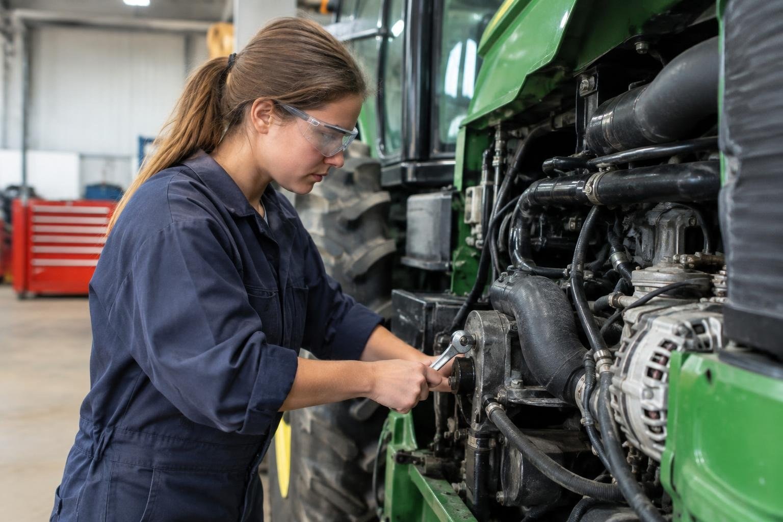 A woman in navy coveralls and clear safety glasses uses a wrench on the exposed engine of a large green vehicle in a workshop.