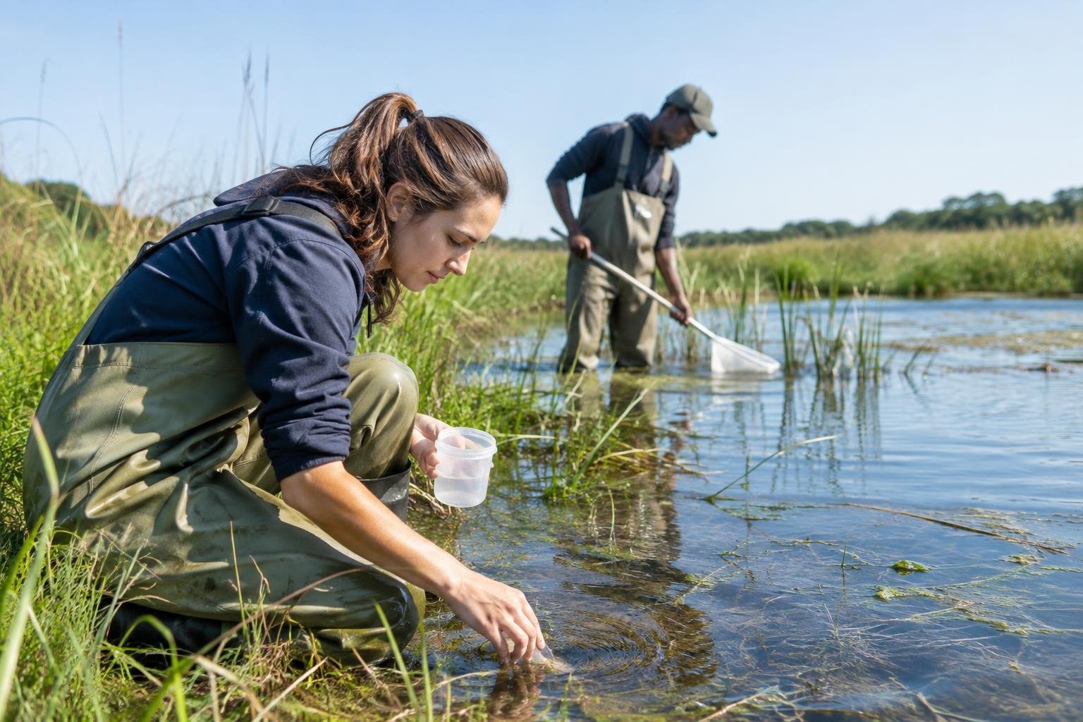 Field observations in a wetland ecosystem Two people in waders collect water samples at a marsh, with one crouching at the water’s edge and the other sweeping a net through the shallows.