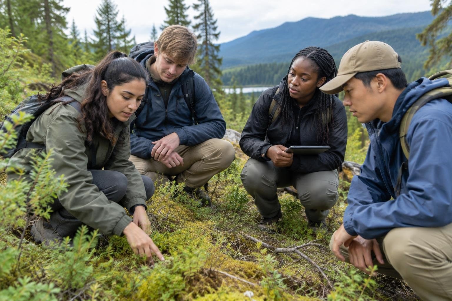 Four hikers crouch together among low forest plants, looking at the ground and a tablet, with evergreen trees, a lake, and mountains behind them.