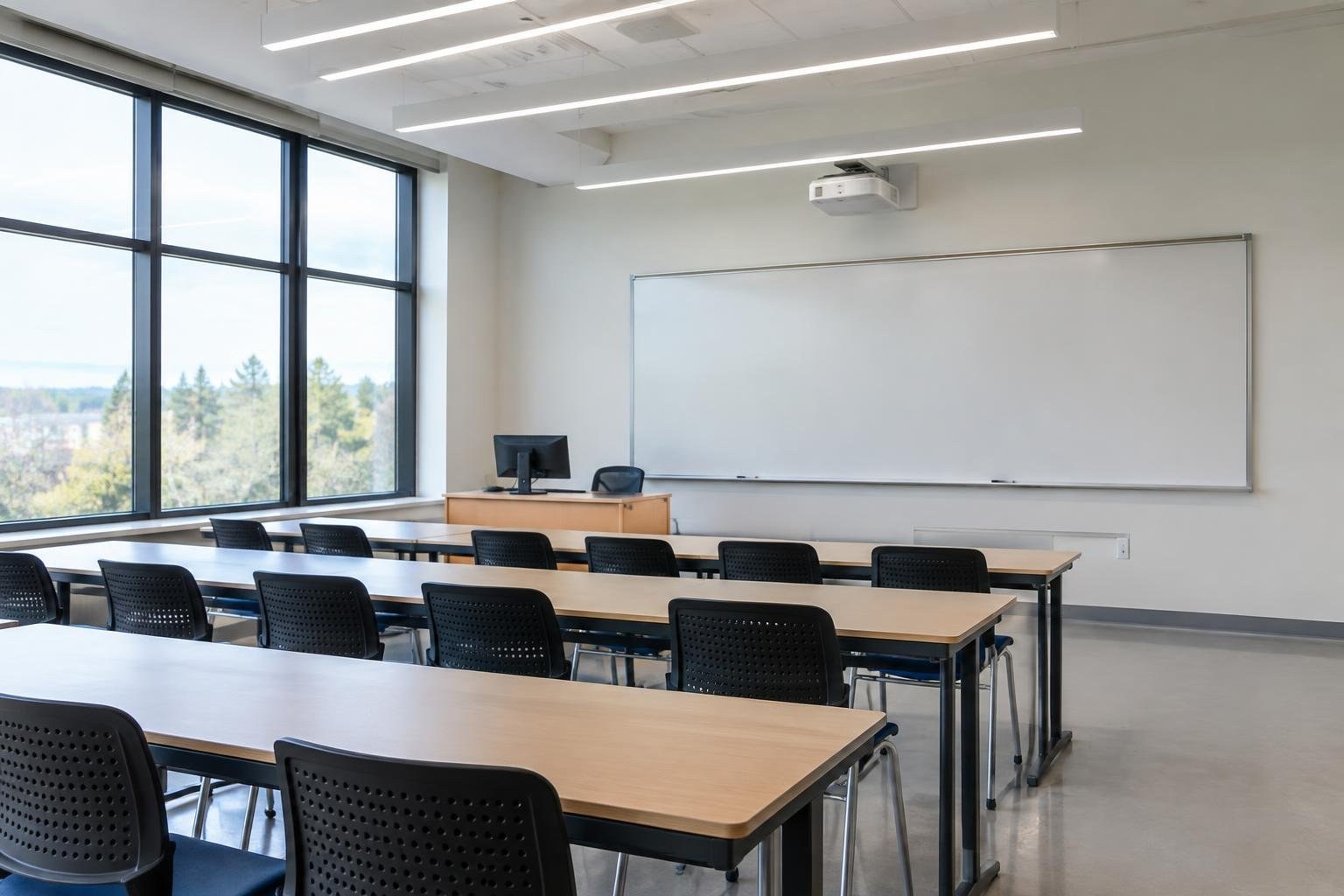 An empty classroom with rows of tables and black chairs facing a large blank whiteboard, with a lectern, monitor, ceiling projector, and tall windows overlooking trees.