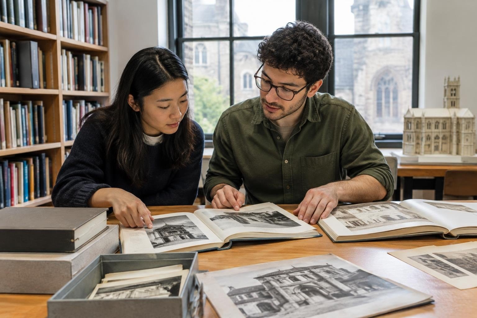 Architectural history students comparing archival material and building documentation Two people lean over open books of architectural photographs at a library table, with bookshelves, large windows, and a building model nearby.