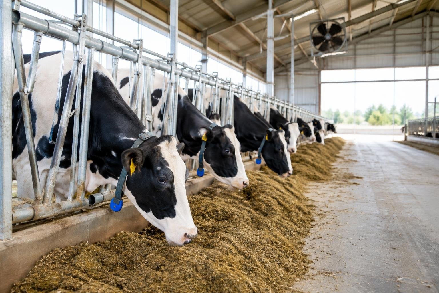 A supervised practical dairy animal-handling lesson A row of black-and-white cows feed from a long trough inside a spacious barn, with a concrete aisle beside them.