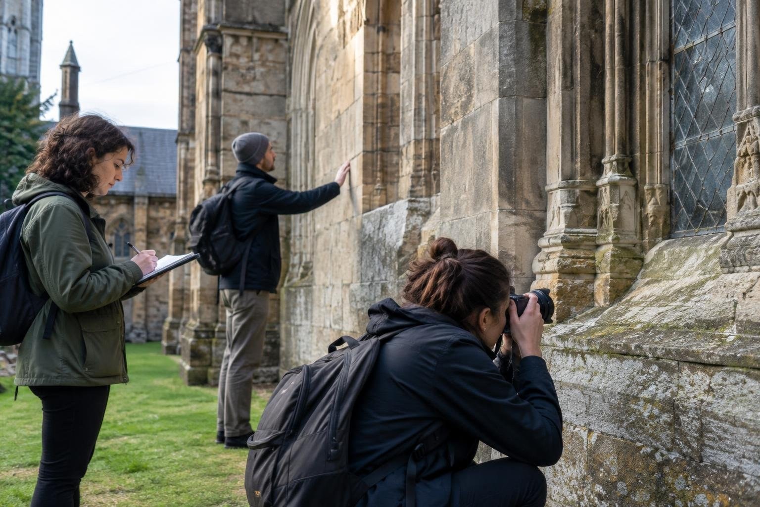 Three people examine a weathered stone building: one writes in a notebook, another touches the wall, and a crouching person photographs it beside a tall window.