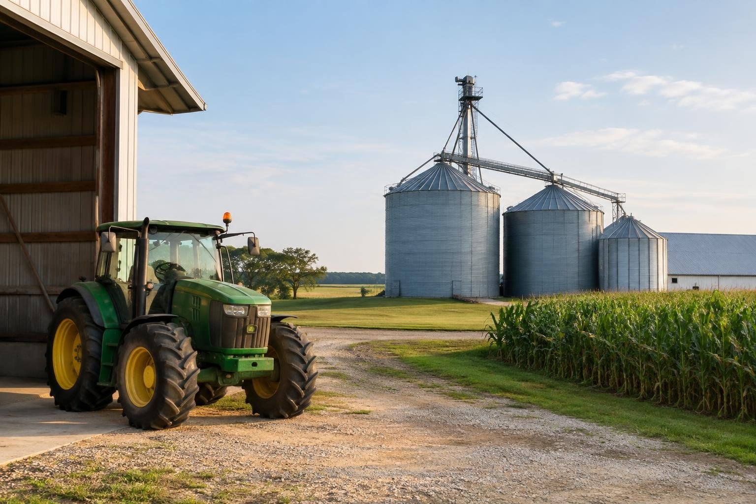A green tractor is parked beside an open-sided barn, with grain silos, a cornfield, and farm buildings in the background.