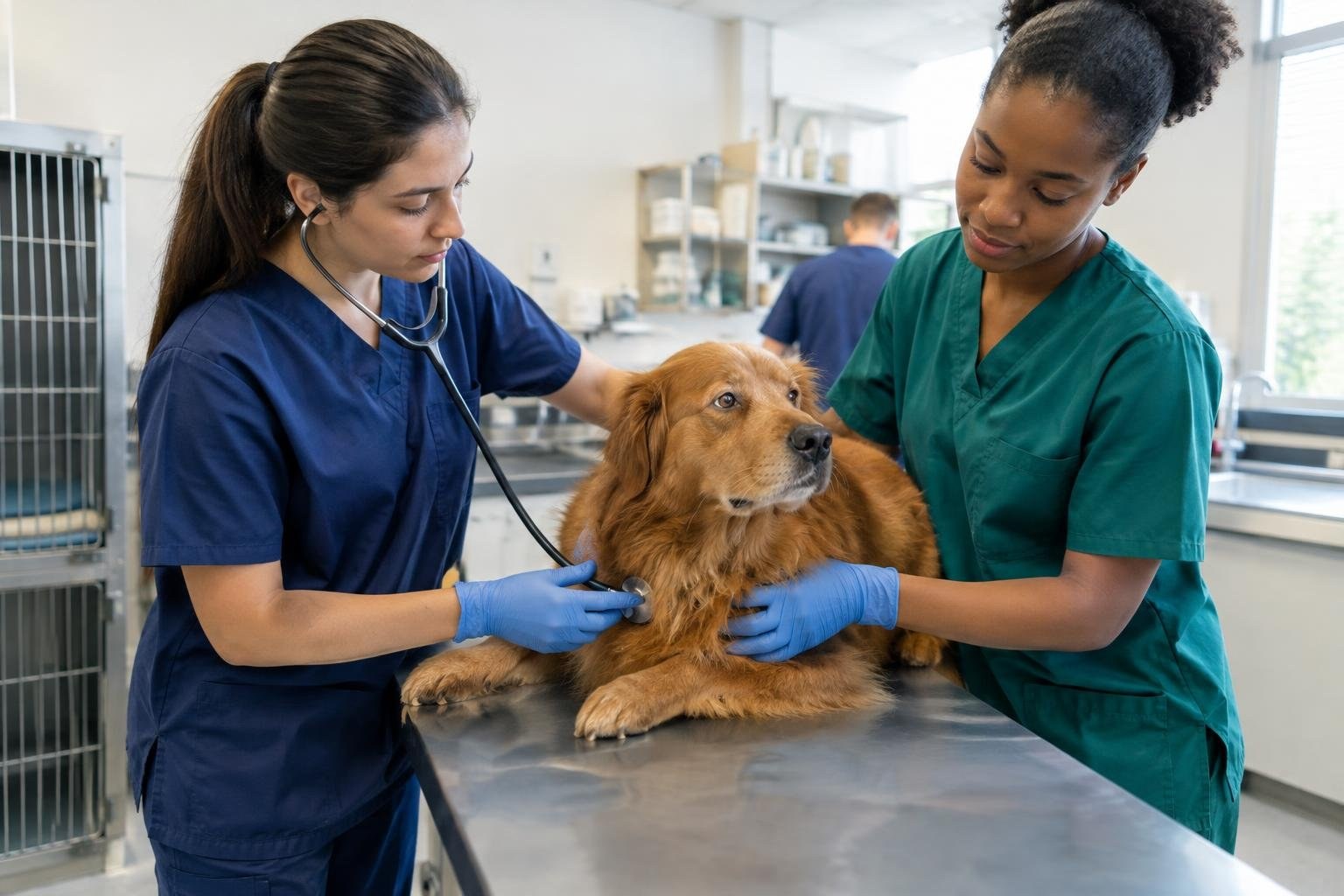 Two people in scrubs examine a golden-brown dog on a metal table, with one holding a stethoscope to its chest in a bright clinic.